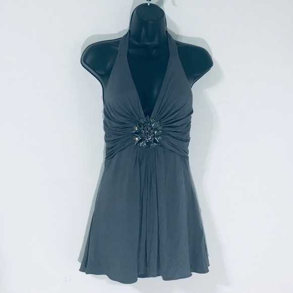 Sky Tops - Beautiful Sky Jewel Embellished Halter Top Gray